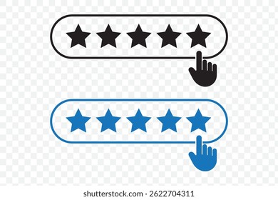 Five Star Rating with thumbs up icon. Rating stars badges customer positive feedback for quality service. Rate us speech bubble User Satisfaction Rating. Product Positive review of customer Survey.