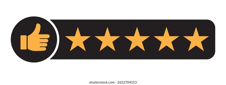 Five Star Rating with thumbs up icon. Rating stars badges customer positive feedback for quality service. Rate us speech bubble User Satisfaction Rating. Product Positive review of customer Survey.