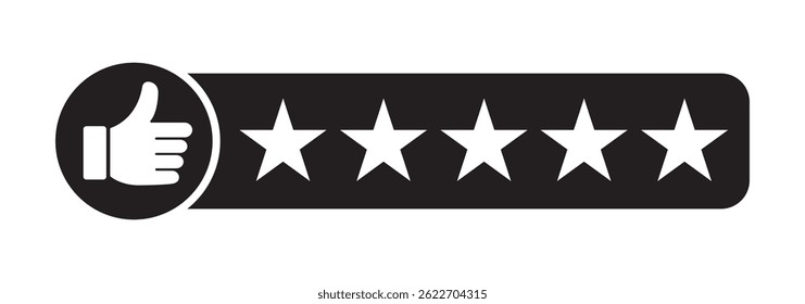 Five Star Rating with thumbs up icon. Rating stars badges customer positive feedback for quality service. Rate us speech bubble User Satisfaction Rating. Product Positive review of customer Survey.