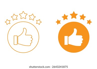 Five Star Rating with thumbs up icon. Rating stars badges customer positive feedback for quality service. Product Positive review of customer Survey. Like, thumb up and stars, Rating icon. Vector icon