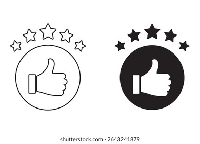 Five Star Rating with thumbs up icon. Rating stars badges customer positive feedback for quality service. Product Positive review of customer Survey. Like, thumb up and stars, Rating icon. Vector icon