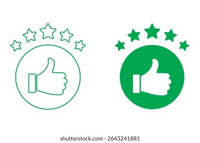 Five Star Rating with thumbs up icon. Rating stars badges customer positive feedback for quality service. Product Positive review of customer Survey. Like, thumb up and stars, Rating icon. Vector icon