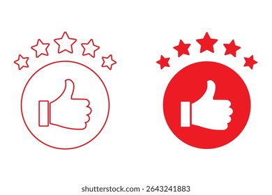 Five Star Rating with thumbs up icon. Rating stars badges customer positive feedback for quality service. Product Positive review of customer Survey. Like, thumb up and stars, Rating icon. Vector icon