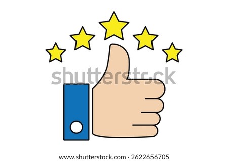 Five Star Rating with thumbs up icon. Rating stars badges customer positive feedback for quality service. Product Positive review of customer Survey. Like, thumb up and stars, Rating icon.
