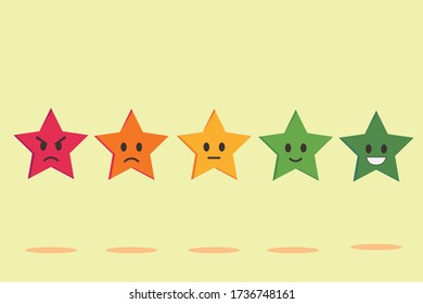 Five star rating vector concept: colorful star icons with various expressions