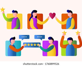 Five star rating vector concept: group of customers giving five star, comment, and love