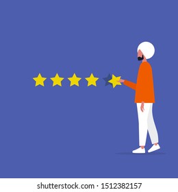 Five star rating. Young indian male character rates a service. Ranking. Marketing. Customer feedback. Flat editable vector illustration, clip art