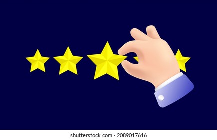Five star review - Hand placing stars on dark background. Positive feedback and rating concept. Vector illustration