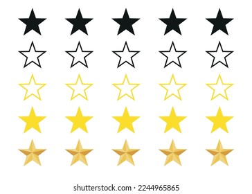 five Star review icon set, concept for clients and costumers, Simple star shape on white background isolated