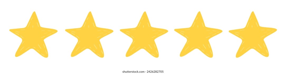 Five star, reviews doodle set. Feedback in hand drawn style. Quality concept elements.  Yellow five star illustration. Award, winner symbol.