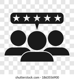 Five star reviews icon. Group of three satisfied customers. Black symbol on transparent background vector illustration.