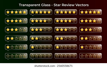 Five star reviews, Set of glossy shiny transparent glass rating or feedback vectors. Customer product review icons. Rating stars set. Rate us concept.