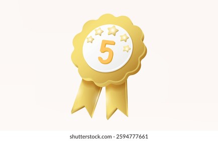 Five star score product warranty icon customer rating reward premium excellent quality guarantee symbol concept floating on pastel background. minimal cartoon style. 3d vector. render illustration