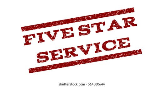 Five Star Service watermark stamp. Text caption between parallel lines with grunge design style. Rubber seal stamp with scratched texture. Vector dark red color ink imprint on a white background.