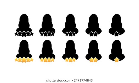 Conjunto de iconos de cinco estrellas. Iconos de usuario de clasificación. Silueta y estilos planos. Iconos vectoriales.