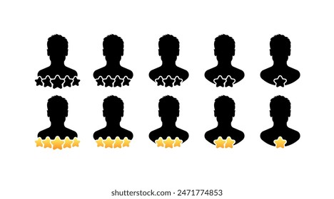 Five Star Set Icons. Rating User Icons. Silhouette and flat styles. Vector icons.