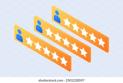 Five star user comment rating. Customer feedback review concept. 3d isometric vector illustration