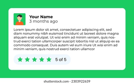 Five star User feedback. Customer star review rating card with message person rating. Client comment. Vector illustration.