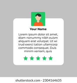 Five star User feedback. Customer star review rating card with message person rating. Client comment. Vector illustration.	