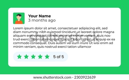 Five star User feedback. Customer star review rating card with message person rating. Client comment. Vector illustration.