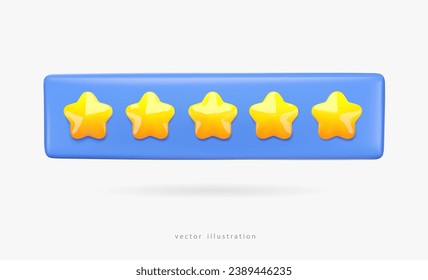 Five stars 3d icon. Feedback rating in the form of stars. Customers evaluate the product, service. Vector illustration