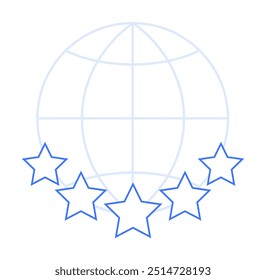 Five stars aligned below a globe symbol. Ideal for quality assurance, global standards, customer satisfaction, international excellence, and top service. Digital, clean vector style.