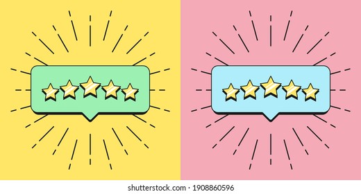 Five stars banner. Bubble message with 5 Stars reputation, quality service review, satisfaction rating. Notification about excellent service, promotion in social media networks. Vector illustration