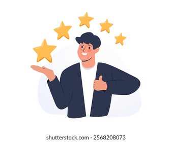 Five stars the best estimate of performance, the score of five points. People leave feedback and comments, successful work is the highest score vector. Vector illustration on background