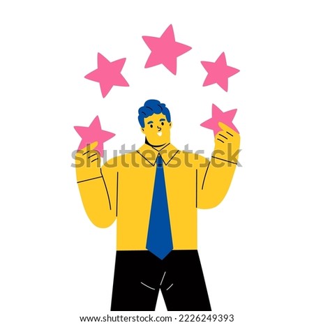 Five stars the best estimate of performance. Business man leave feedback and comments, successful work is the highest score. Flat vector illustration isolated on white background
