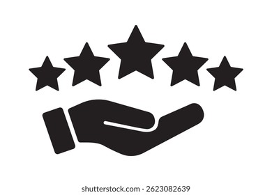 Five stars black icon set rounded shape, customer product review feedback icons, 5 star rating satisfaction isolated vector flat icon, client positive feedback stars sign for web and app design. EPS10