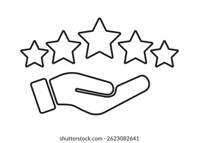 Five stars black icon set rounded shape, customer product review feedback icons, 5 star rating satisfaction isolated vector flat icon, client positive feedback stars sign for web and app design. EPS10