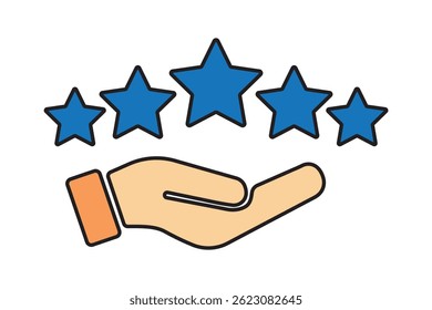 Five stars black icon set rounded shape, customer product review feedback icons, 5 star rating satisfaction isolated vector flat icon, client positive feedback stars sign for web and app design. EPS10