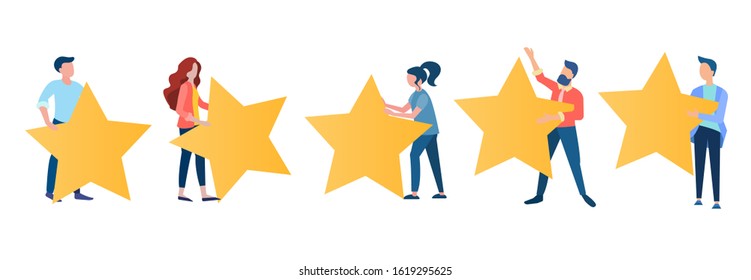 Five stars concept vector illustration. Office workers with stars in their hands, motivation for high-performance work for the company's success and profit growth. Support when working in a team