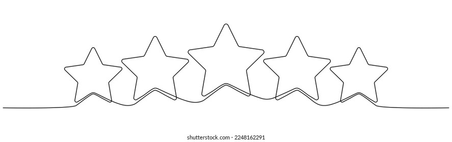 Dibujo continuo de cinco estrellas. Símbolo lineal de estrella de revisión de clasificación. Ilustración vectorial aislada en blanco.