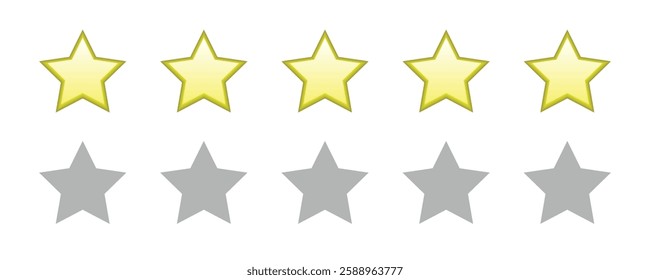 Five stars customer feedback review. Five stars rating. Quality, customer rating.