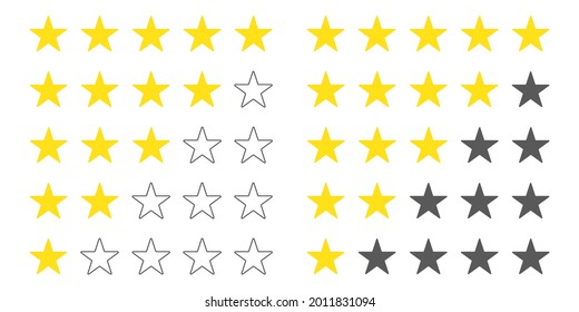 Five stars customer product rating set. Rate status level. Different ranks from one to five stars. Golden and gray stars in outline and fill selections. Template design for web or mobile app. Vector