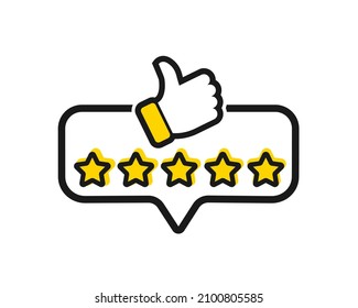 Five stars customer product rating review with thumbs up icon. Modern flat style vector illustration
