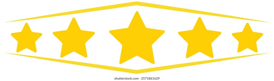 Five stars customer product rating review icon vector. Five stars rating. Yellow 5 star flat icon for apps and websites. Quality, customer rating, feedback.