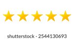 Five stars customer product review icon set. Five stars rating. Yellow 5 star flat icon for apps and websites. Quality, customer rating, feedback. Transparent png and vector illustration