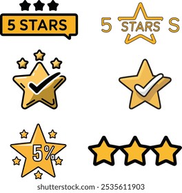 Icono de la revisión del producto del Cliente de cinco estrellas. Comentarios amarillo de la calificación de 5 estrellas para el Sitio web, el App, el diseño de la interfaz de usuario. PNG transparente y Ilustración vectorial. 