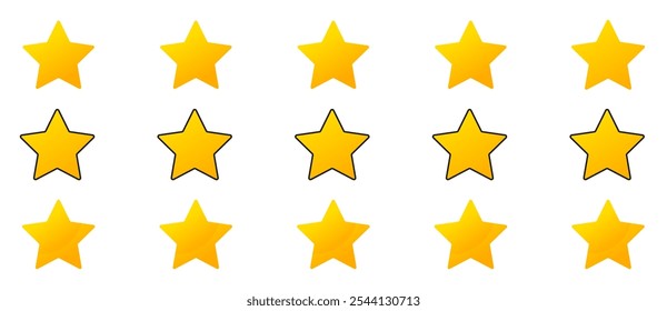 Conjunto de iconos de revisión de productos de Cliente de cinco estrellas. Calificación de cinco estrellas. Icono plano amarillo para App y Sitios web. Calidad, calificación de Cliente, Comentarios. Png transparente y Ilustración vectorial