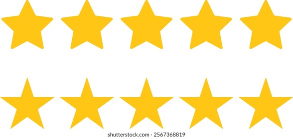 Five stars customer product review icon set, featuring yellow 5-star rating flat icons for apps and websites. Represents quality, customer rating, and feedback in transparent PNG and vector format.