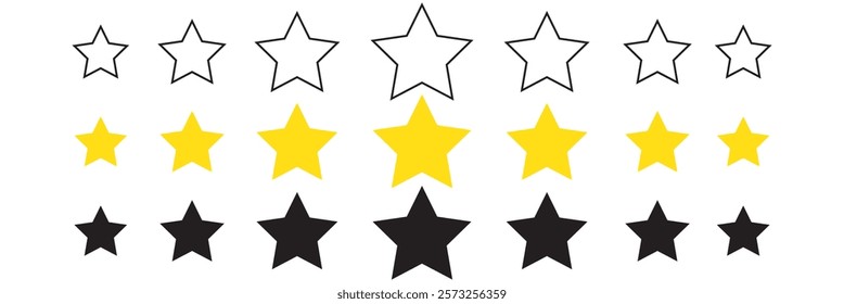 Five stars customer product review icon set. Five stars rating. Yellow 5 star flat icon for apps and websites. Quality, customer rating, feedback. Transparent png and vector illustration
