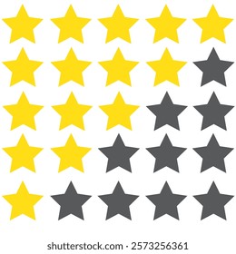 Five stars customer product review icon set. Five stars rating. Yellow 5 star flat icon for apps and websites. Quality, customer rating, feedback. Transparent png and vector illustration
