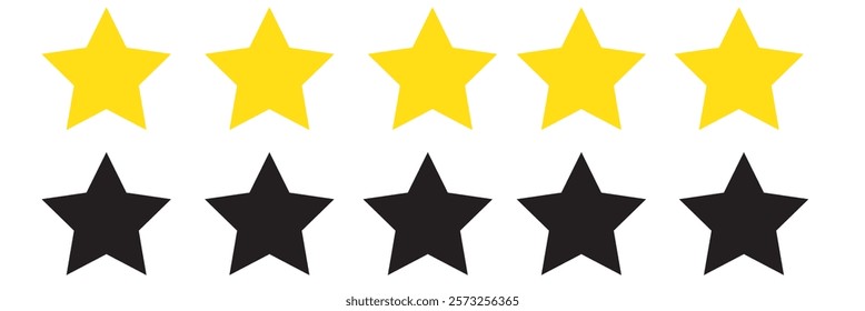 Five stars customer product review icon set. Five stars rating. Yellow 5 star flat icon for apps and websites. Quality, customer rating, feedback. Transparent png and vector illustration
