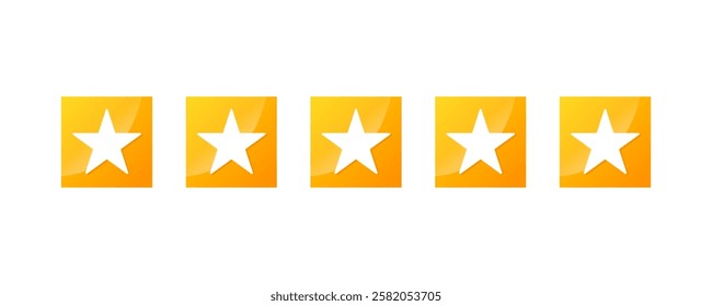 Five stars customer product review icon set. Five stars rating. Yellow 5 star flat icon for apps and websites. Quality, customer rating, feedback. Transparent png and vector illustration