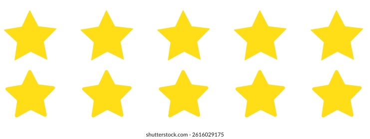 Five stars customer product review icon set, featuring yellow 5-star rating flat icons for apps and websites. Represents quality, customer rating, and feedback in transparent PNG and vector format