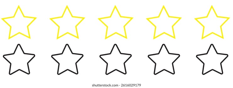 Five stars customer product review icon set, featuring yellow 5-star rating flat icons for apps and websites. Represents quality, customer rating, and feedback in transparent PNG and vector format