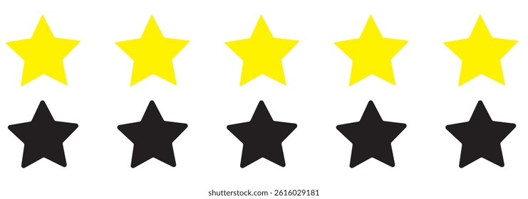Five stars customer product review icon set, featuring yellow 5-star rating flat icons for apps and websites. Represents quality, customer rating, and feedback in transparent PNG and vector format