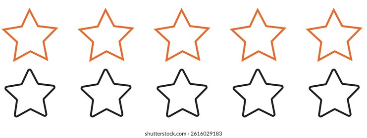 Five stars customer product review icon set, featuring yellow 5-star rating flat icons for apps and websites. Represents quality, customer rating, and feedback in transparent PNG and vector format